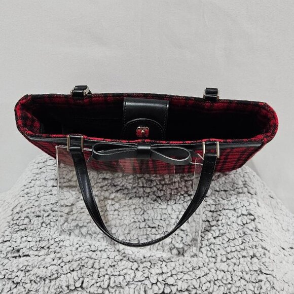 VINTAGE RETRO BLACK RED PLAID VEGAN WOOL & LEATHER HANDBAG - Picture 5 of 6